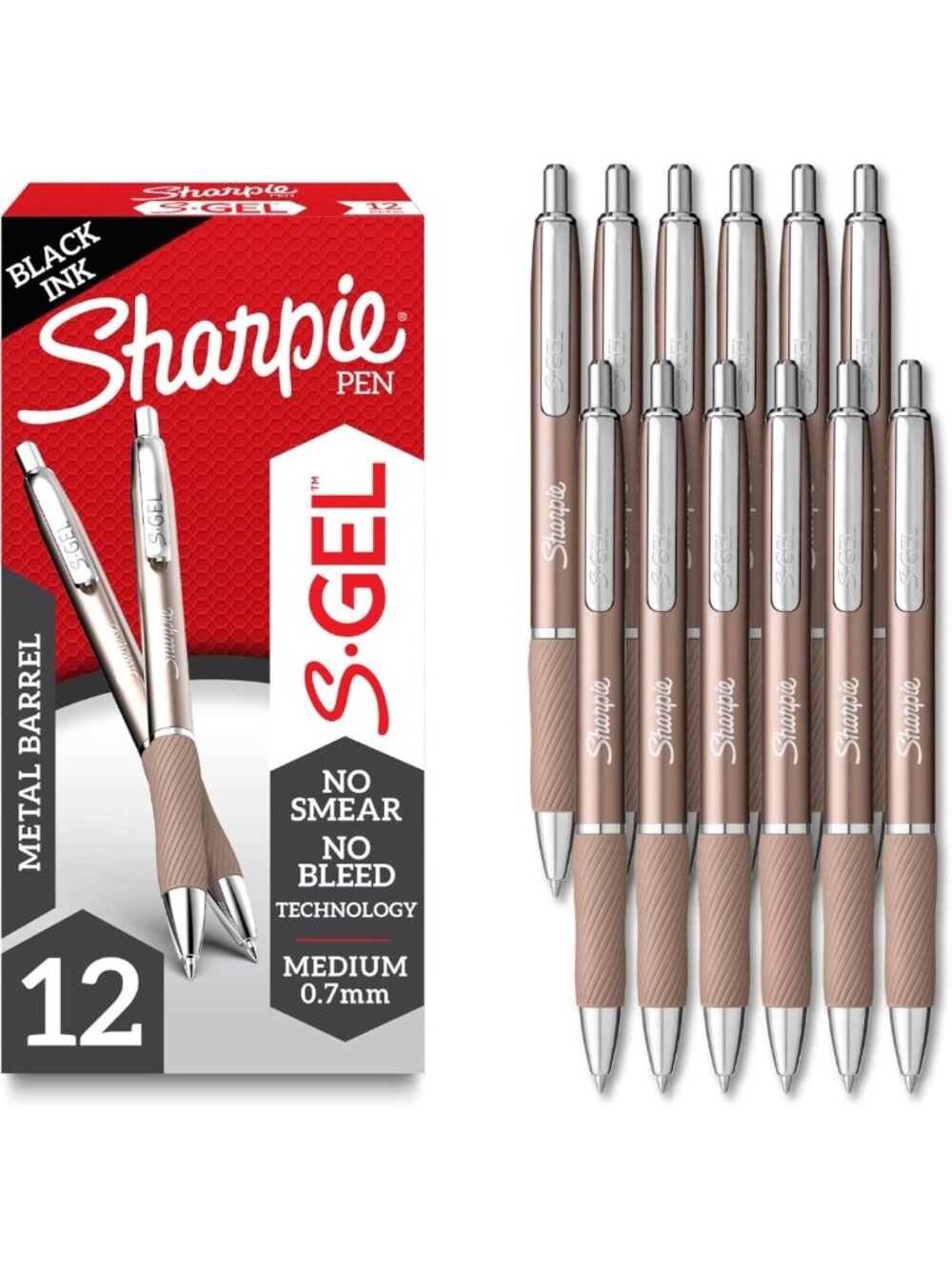 Sleek Metal Barrel Gel Ink Pens, Medium Point 0.7mm, Black Ink, 12 Count